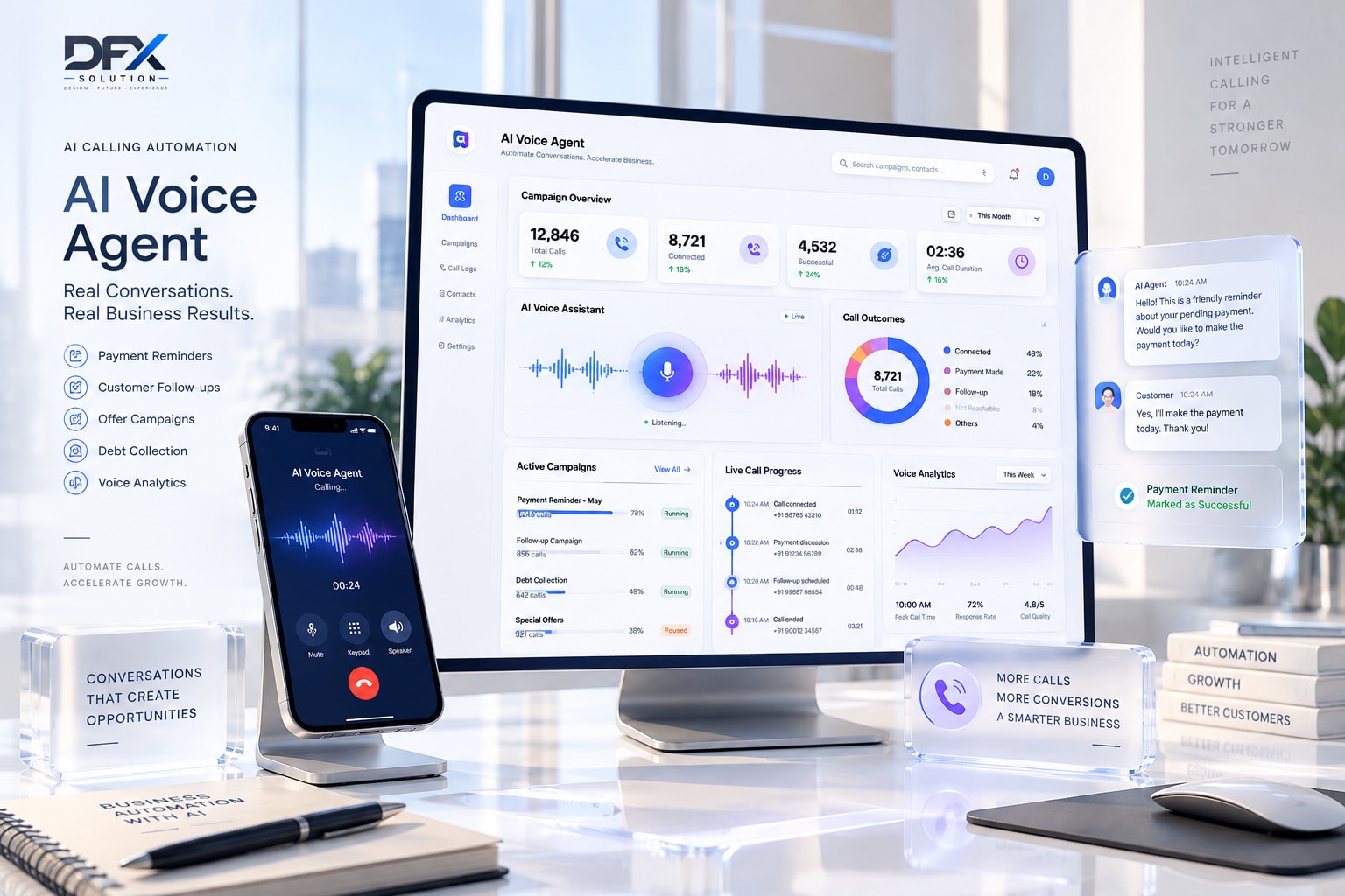AI Voice Agent campaign dashboard with live call progress and voice analytics
