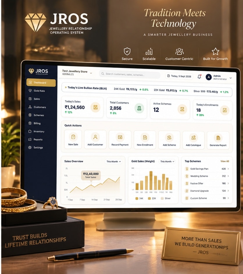 JROS dashboard showing live bullion rates, sales and scheme enrollments