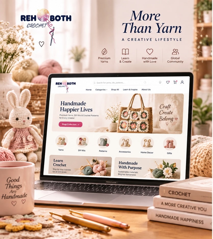 Rehoboth Crochet storefront with categories, tutorials and shop
